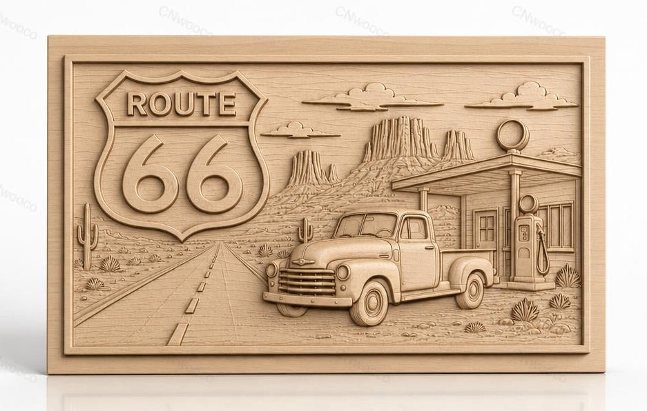 Fichier CNC & impression 3D Route 66, pick-up ancien et station-service, haute qualité relief STL