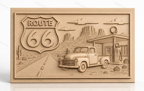 Fichier CNC & impression 3D Route 66, pick-up ancien et station-service, haute qualité relief STL