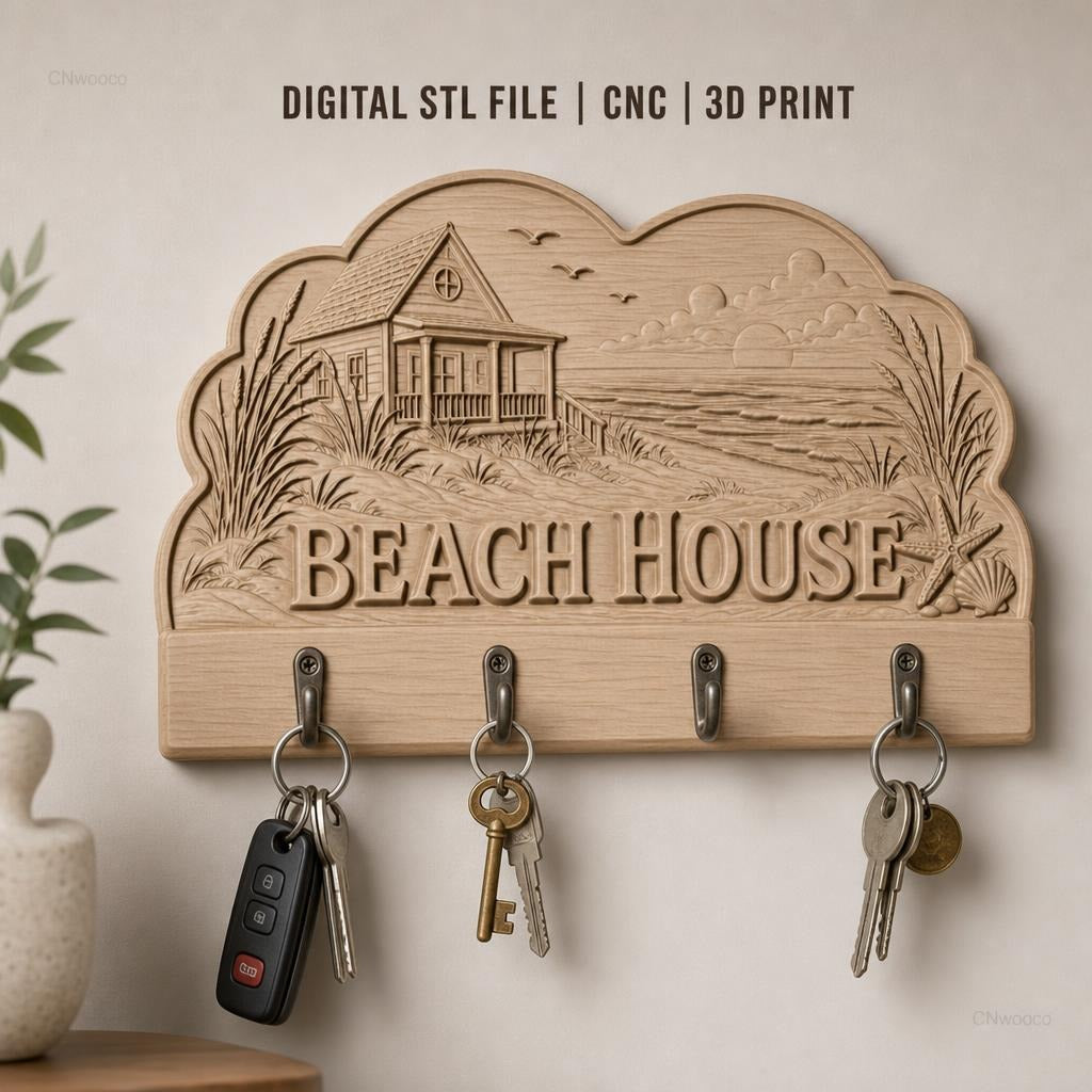 Fichier CNC porte-clés mural enseigne décorative Beach House, plage, cabane, décoration murale, STL très haute qualité