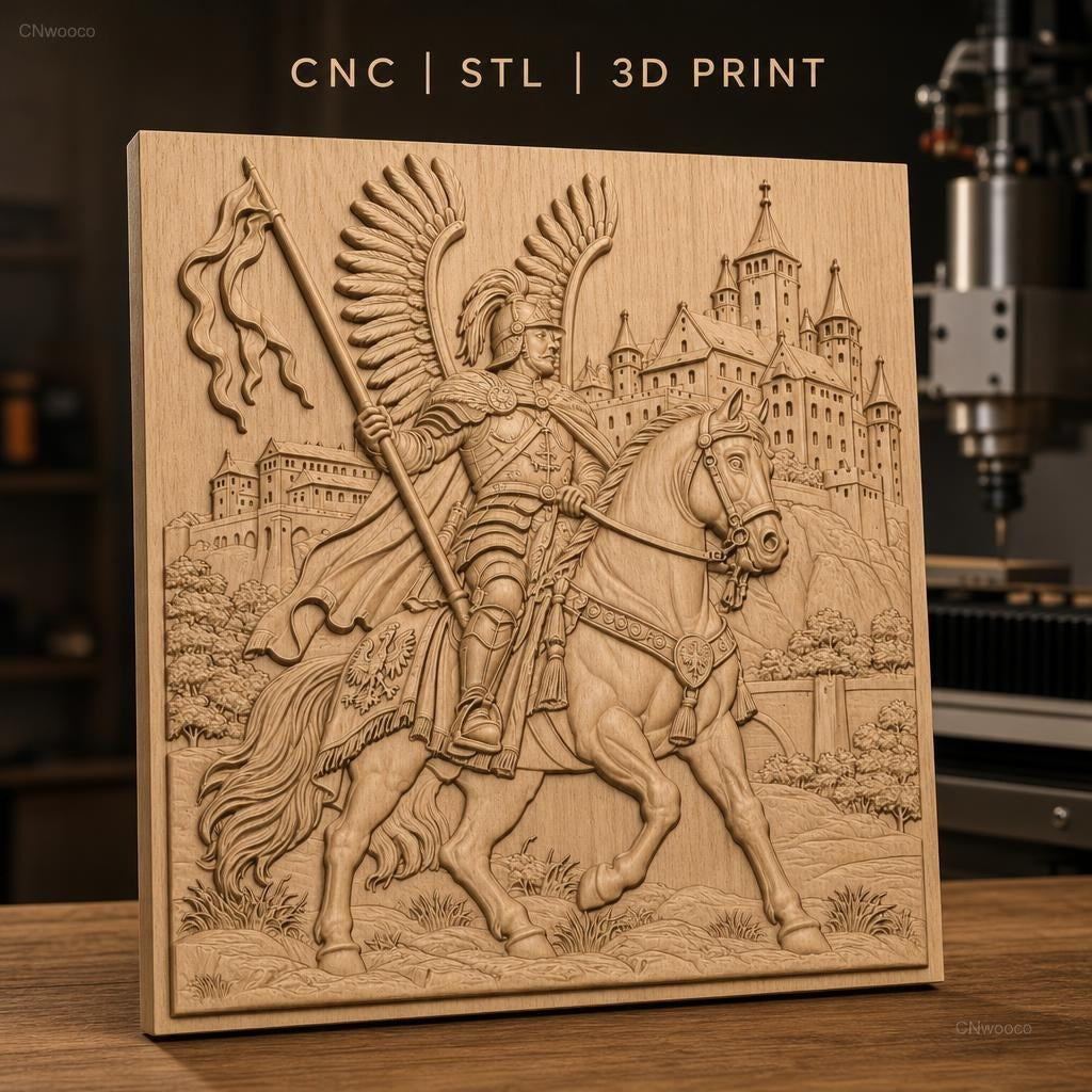 Fichier CNC & impression 3D Chevalier ailé à cheval avec château, drapeau et armure détaillée, haute qualité relief STL