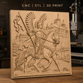 Fichier CNC & impression 3D Chevalier ailé à cheval avec château, drapeau et armure détaillée, haute qualité relief STL
