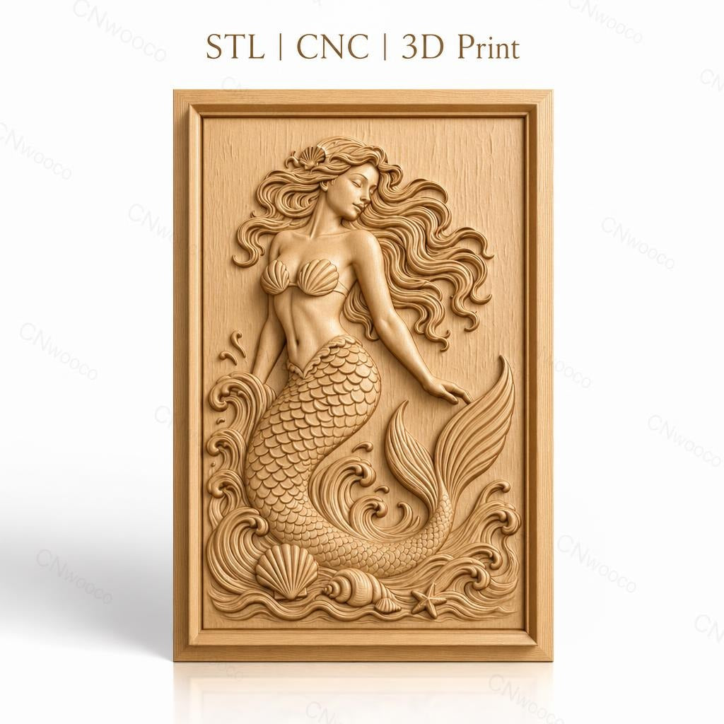 Fichier CNC & impression 3D sirène, écailles, coquillages et vagues, haute qualité relief STL