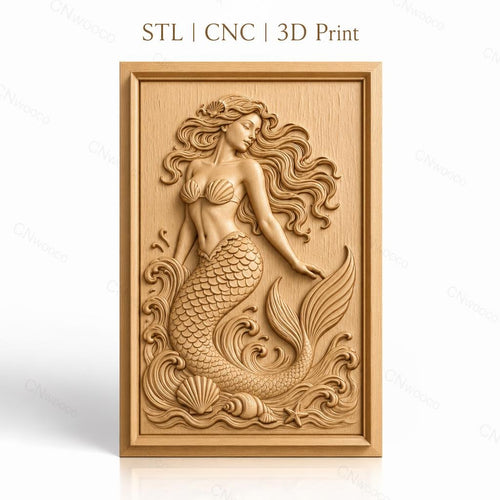 Fichier CNC & impression 3D sirène, écailles, coquillages et vagues, haute qualité relief STL