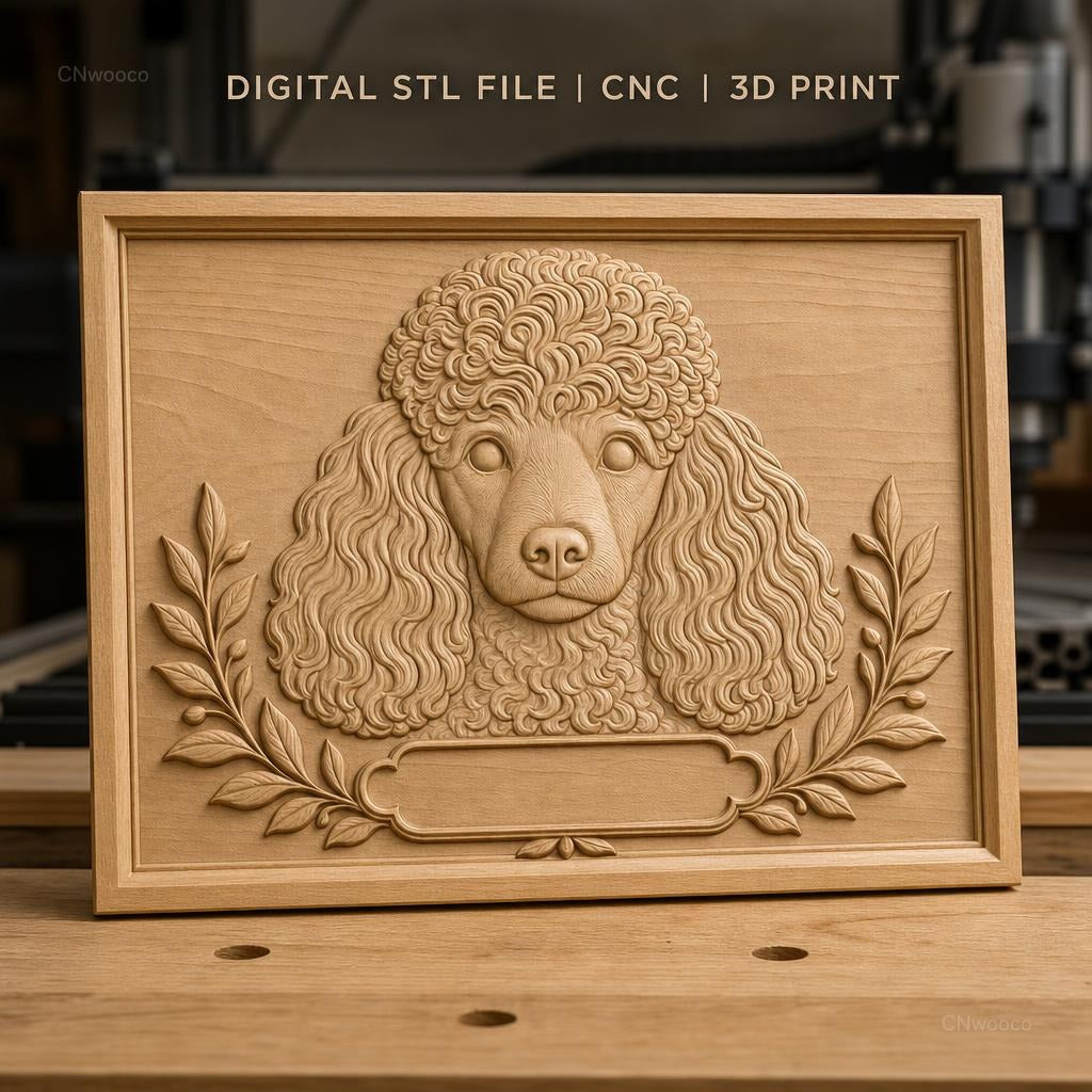 Fichier CNC & impression 3D chien caniche portrait, feuilles décoratives, haute qualité relief STL