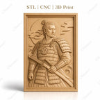 Fichier CNC & impression 3D samouraï en armure, katana et vagues, haute qualité relief STL