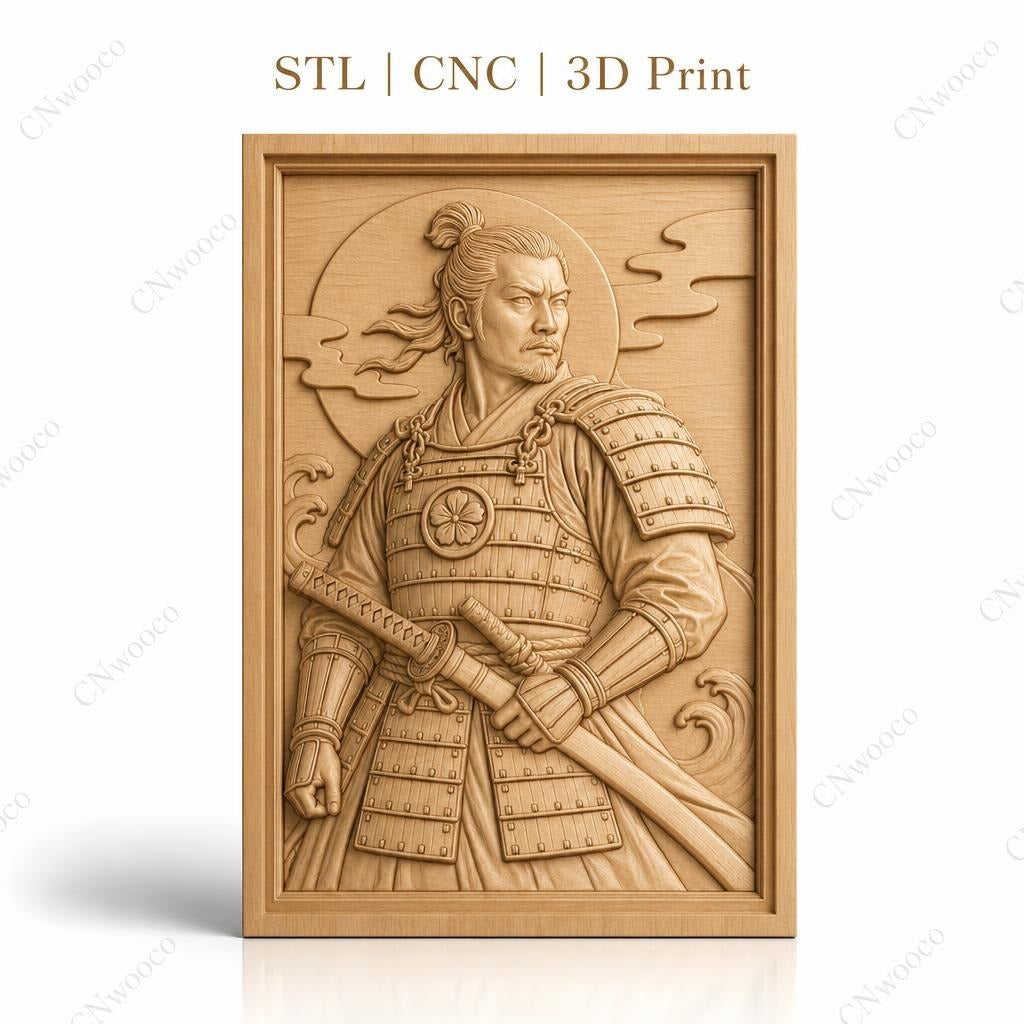 Fichier CNC & impression 3D samouraï en armure, katana et vagues, haute qualité relief STL