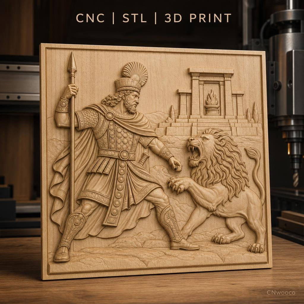 Fichier CNC & impression 3D héros antique combattant lion, temple ancien, haute qualité relief STL