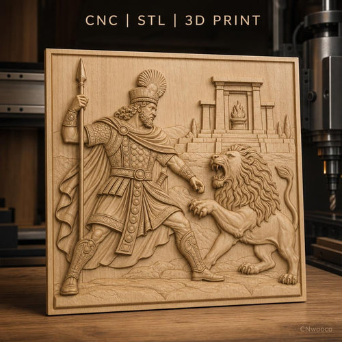 Fichier CNC & impression 3D héros antique combattant lion, temple ancien, haute qualité relief STL