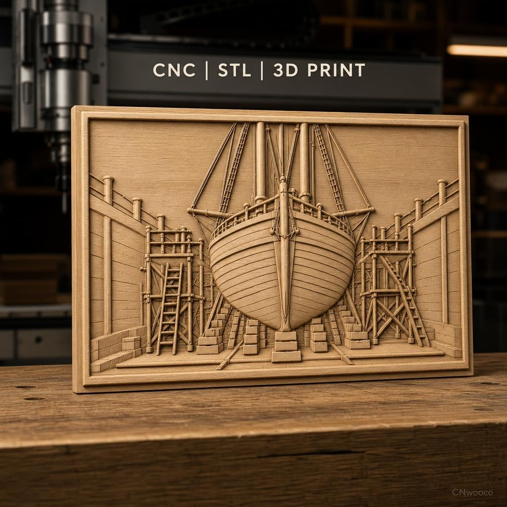 Fichier CNC & impression 3D chantier naval, bateau en cale sèche, échafaudages, haute qualité relief STL