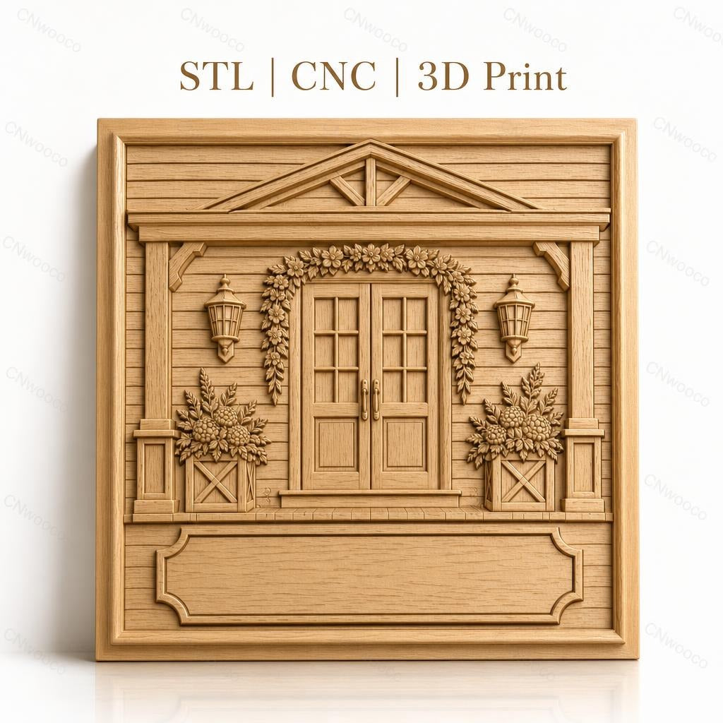 Fichier CNC & impression 3D maison, porte double avec fleurs et lanternes, haute qualité relief STL