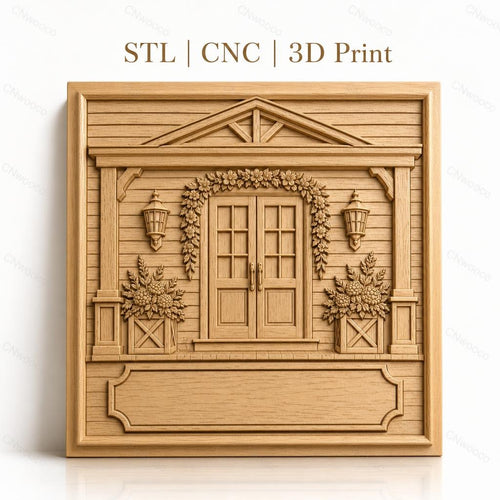 Fichier CNC & impression 3D maison, porte double avec fleurs et lanternes, haute qualité relief STL