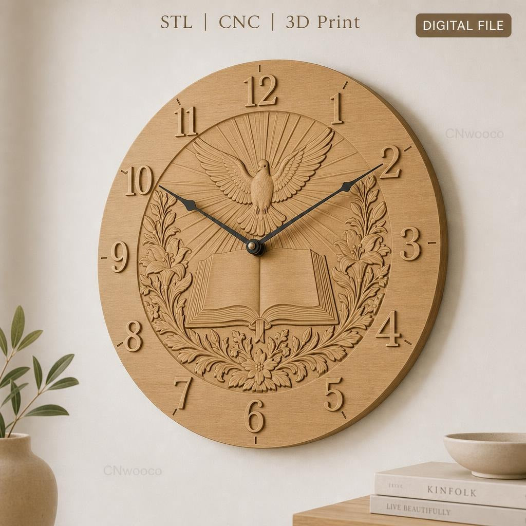 Fichier CNC & impression 3D horloge murale colombe rayons et livre ouvert STL