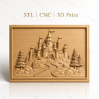 Fichier CNC & impression 3D château féerique, route sinueuse, arbres et rochers, haute qualité relief STL
