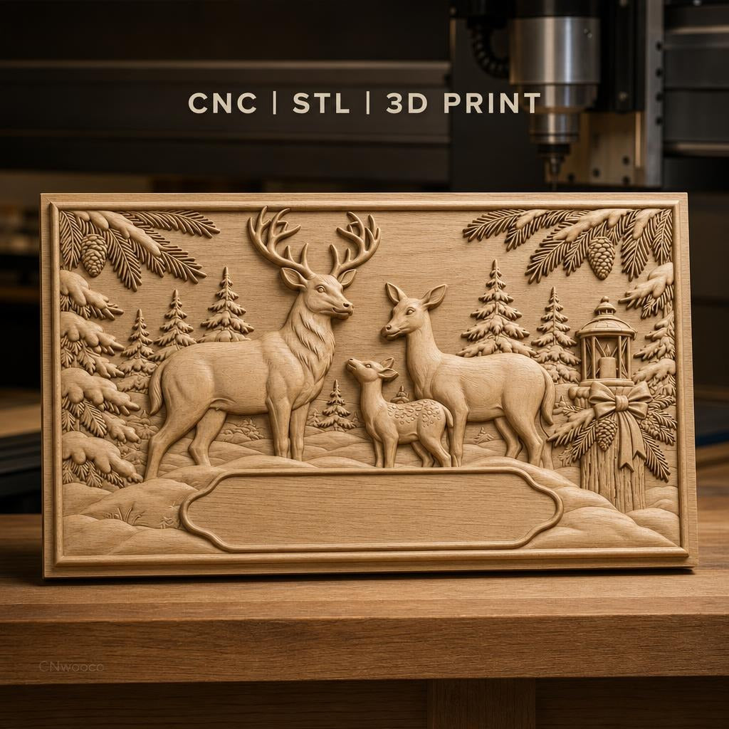 Fichier CNC & impression 3D famille de cerfs, forêt enneigée et lanterne, haute qualité relief STL