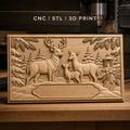 Fichier CNC & impression 3D famille de cerfs, forêt enneigée et lanterne, haute qualité relief STL