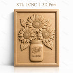 Fichier CNC & impression 3D bouquet de tournesols dans bocal Mason, relief floral haute qualité relief STL
