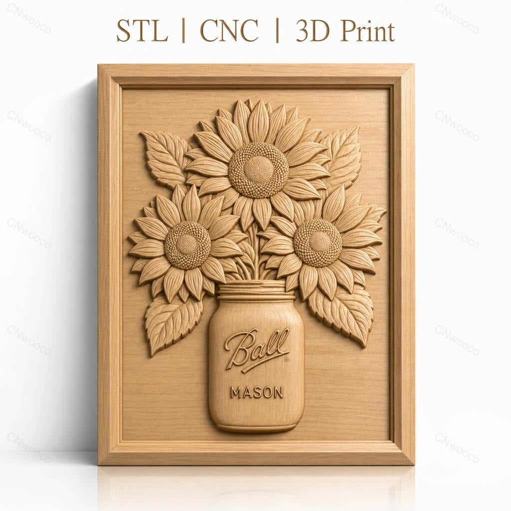 Fichier CNC & impression 3D bouquet de tournesols dans bocal Mason, relief floral haute qualité relief STL