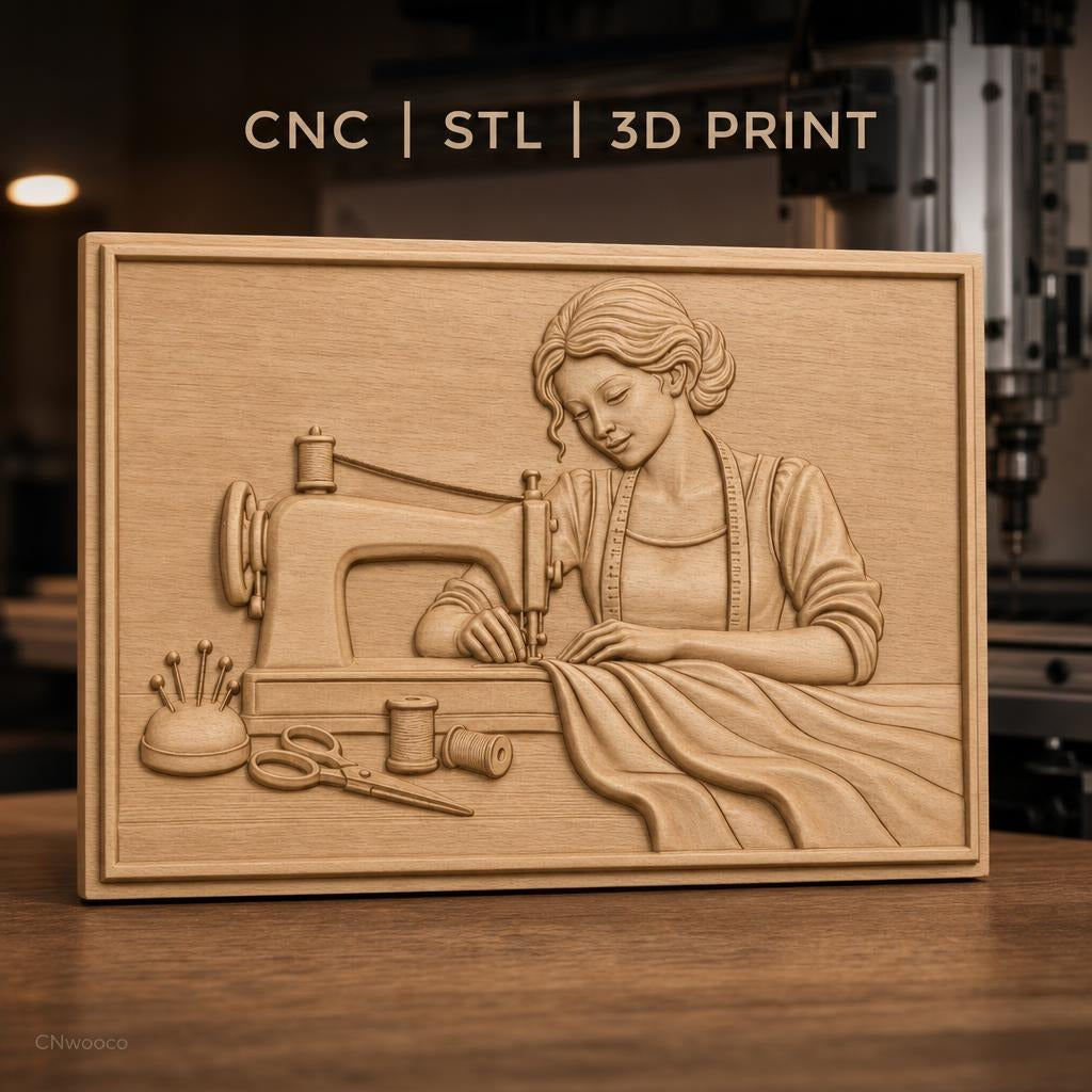 Fichier CNC & impression 3D couturière avec machine à coudre, tissus et accessoires, haute qualité relief STL