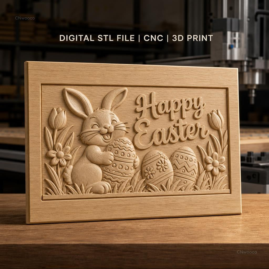 Fichier CNC & impression 3D Lapin de Pâques, oeufs décorés et fleurs, haute qualité relief STL