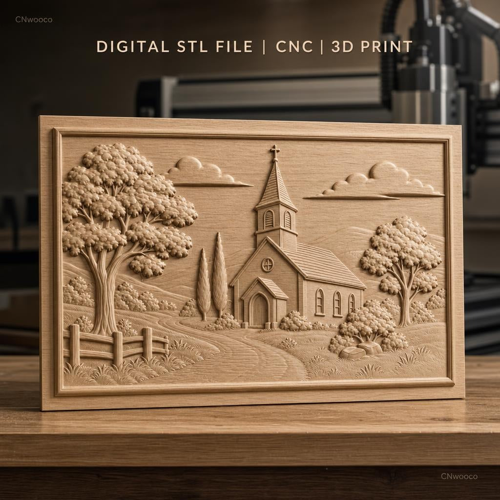 Fichier CNC & impression 3D paysage religieux avec église et arbres, haute qualité relief STL
