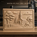 Fichier CNC & impression 3D paysage religieux avec église et arbres, haute qualité relief STL