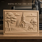 Fichier CNC & impression 3D paysage religieux avec église et arbres, haute qualité relief STL