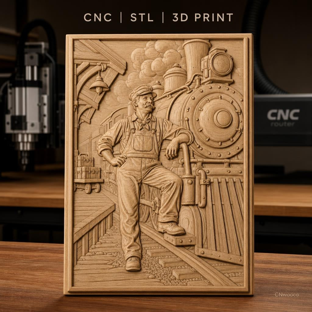 Fichier CNC & impression 3D chef de train, locomotive vapeur, quai, valises, haute qualité relief STL