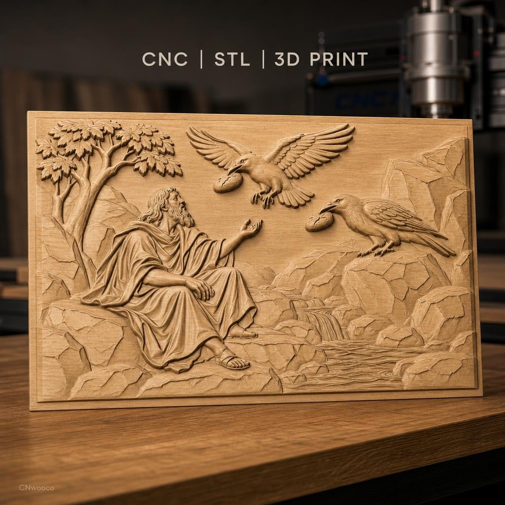 Fichier CNC & impression 3D scène biblique avec homme, corbeaux, rivière et rochers, haute qualité relief STL