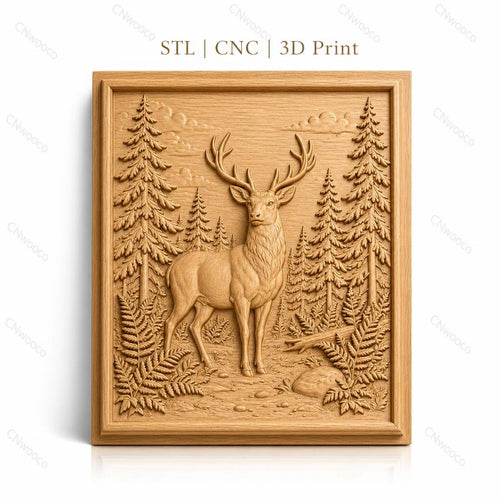 Fichier CNC & impression 3D cerf dans forêt avec fougères et rochers, haute qualité relief STL