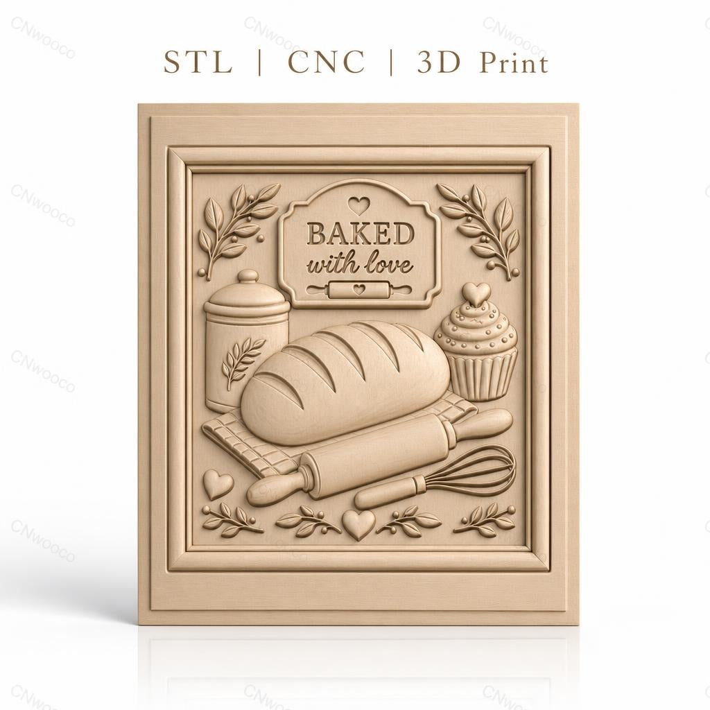 Fichier CNC & impression 3D thème boulangerie, pain, cupcake, rouleau à pâtisserie, fouet, haute qualité relief STL