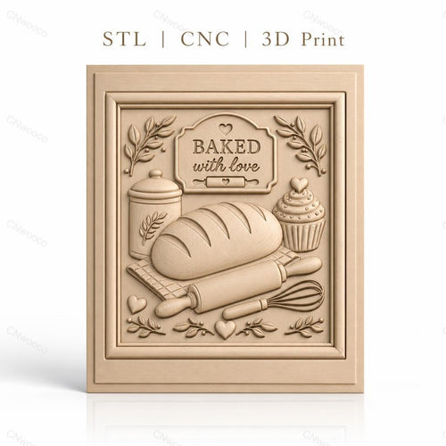 Fichier CNC & impression 3D thème boulangerie, pain, cupcake, rouleau à pâtisserie, fouet, haute qualité relief STL