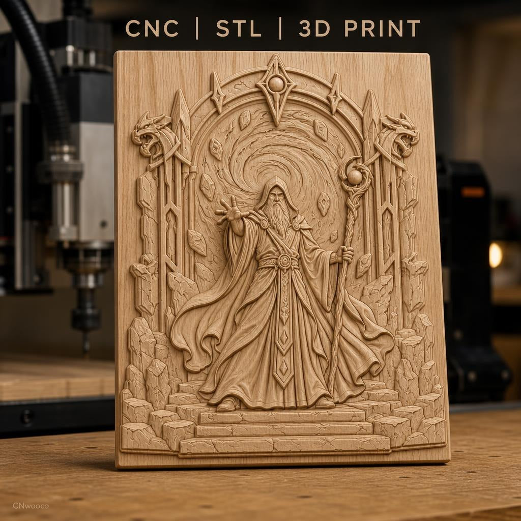 Fichier CNC & impression 3D magicien avec portail magique et bâton, haute qualité relief STL