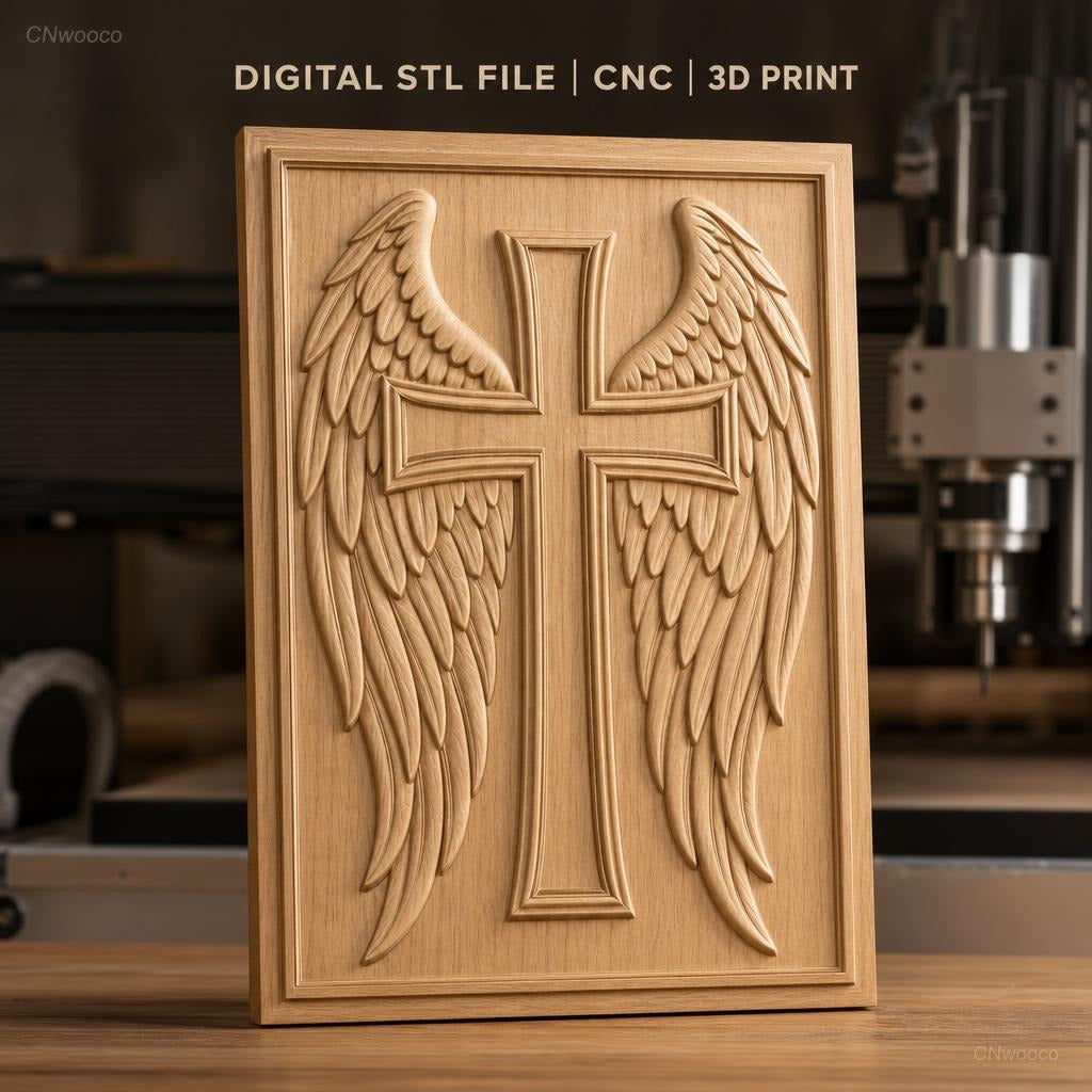 Fichier CNC & impression 3D Croix avec ailes d'ange, haute qualité relief STL