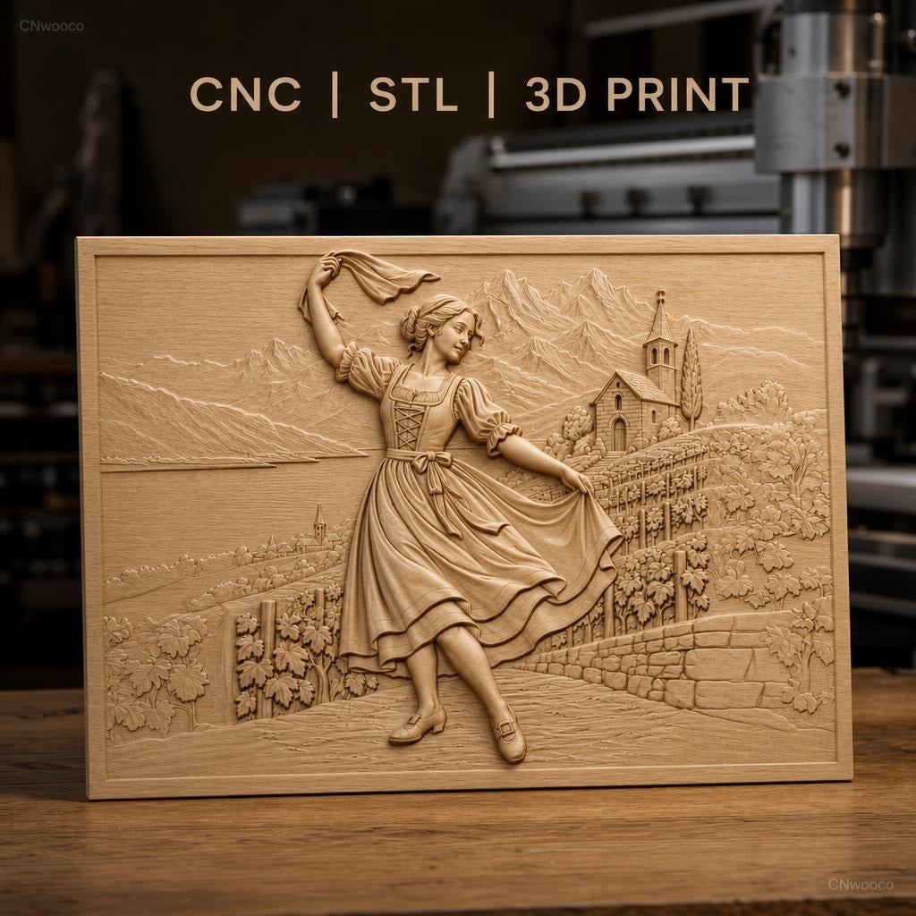 Fichier CNC & impression 3D danseuse folklorique, village, rangées de vigne, montagnes, haute qualité relief STL