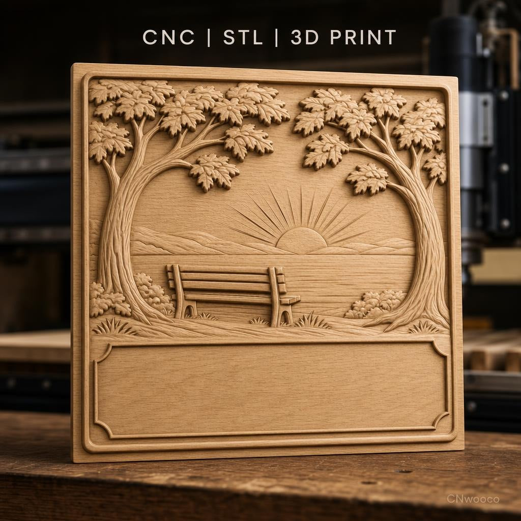 Fichier CNC & impression 3D paysage banc coucher de soleil arbres cadre vide haute qualité relief STL
