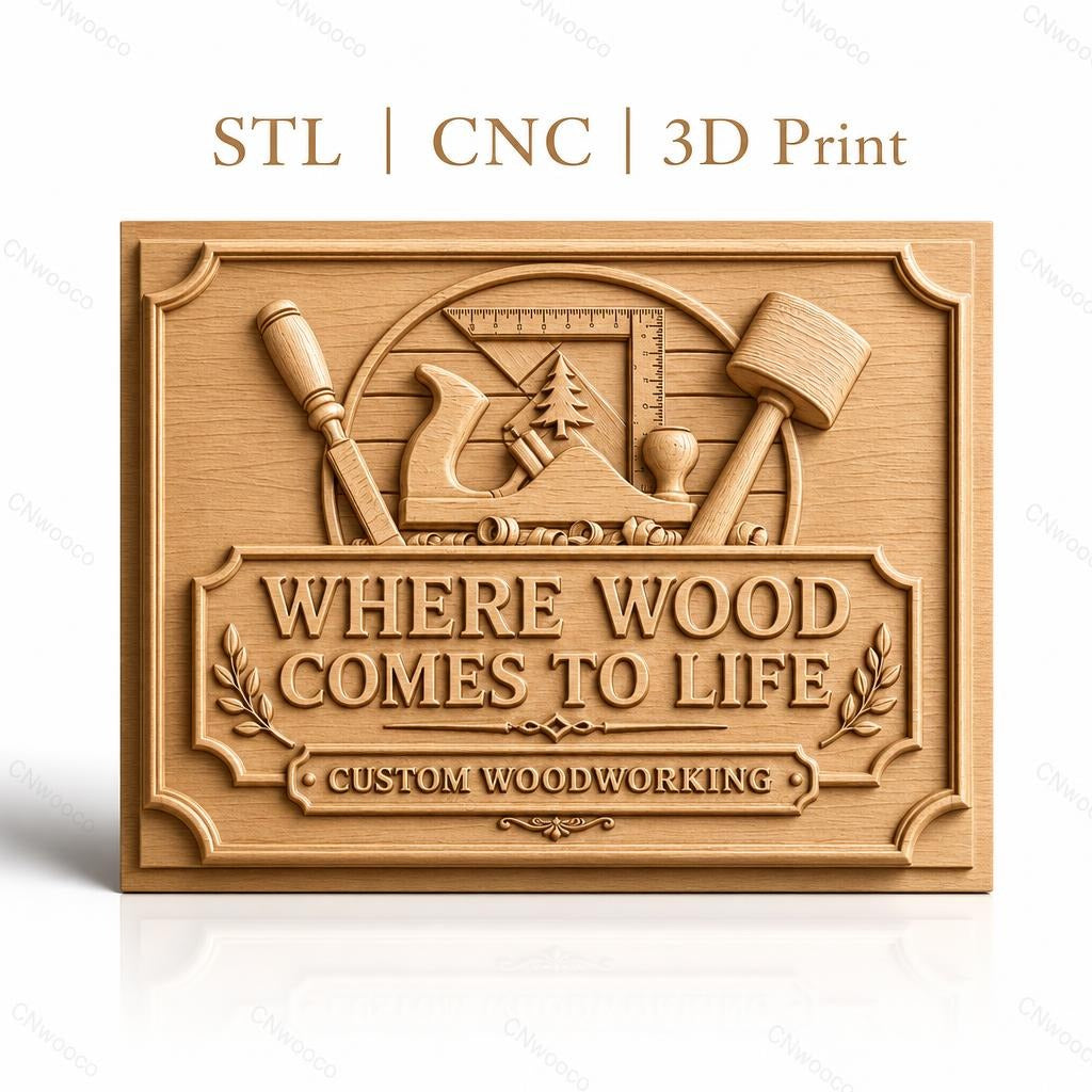 Fichier CNC & impression 3D panneau bois, outils de menuiserie et texte en relief, haute qualité relief STL
