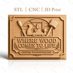 Fichier CNC & impression 3D panneau bois, outils de menuiserie et texte en relief, haute qualité relief STL