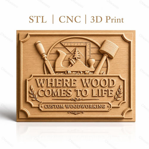 Fichier CNC & impression 3D panneau bois, outils de menuiserie et texte en relief, haute qualité relief STL