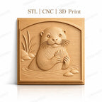 Fichier CNC & impression 3D Loutre tenant une coquille, décor naturel avec eau et rochers, haute qualité relief STL