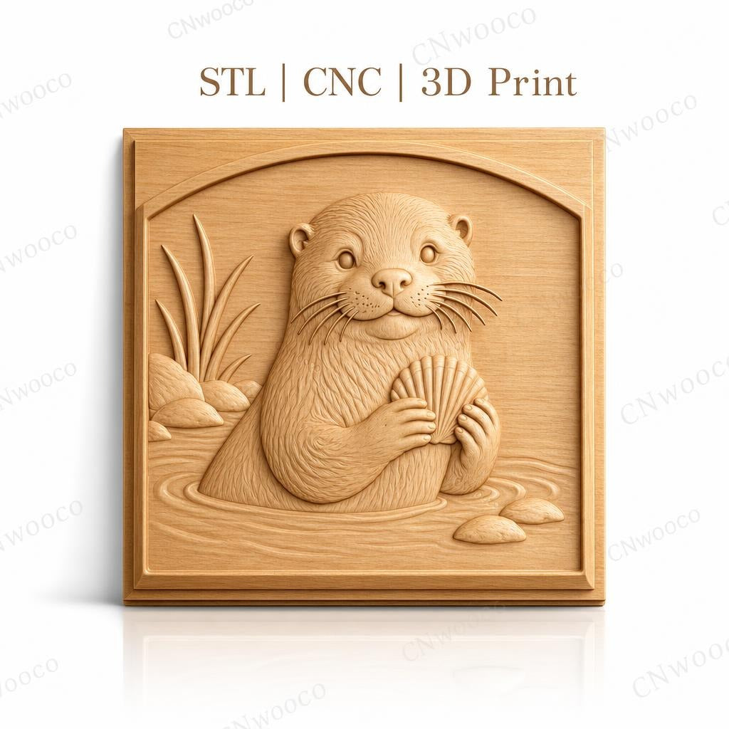Fichier CNC & impression 3D Loutre tenant une coquille, décor naturel avec eau et rochers, haute qualité relief STL