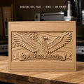 Fichier CNC & impression 3D Aigle américain, drapeau avec étoiles et texte God Bless America, haute qualité relief STL