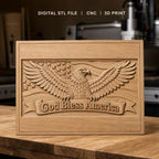 Fichier CNC & impression 3D Aigle américain, drapeau avec étoiles et texte God Bless America, haute qualité relief STL