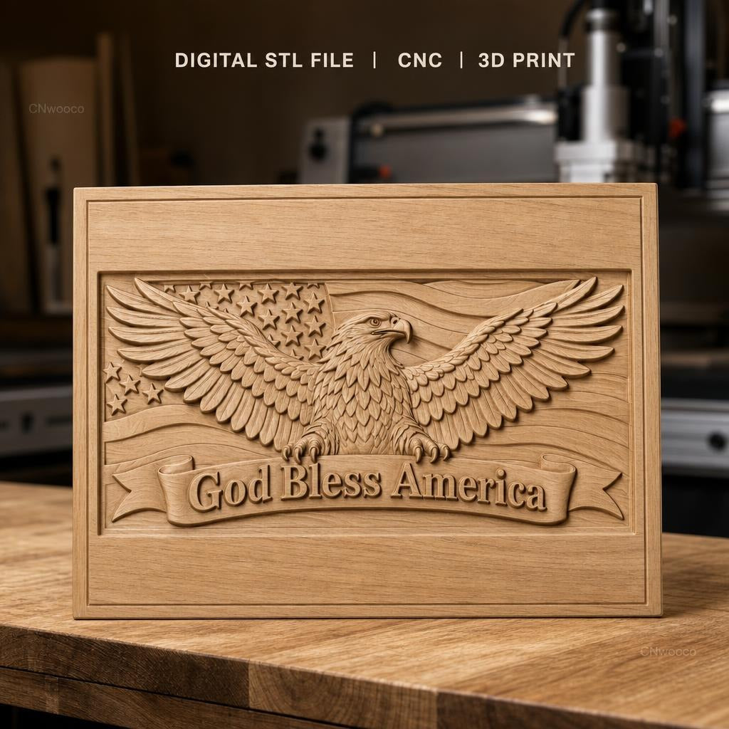 Fichier CNC & impression 3D Aigle américain, drapeau avec étoiles et texte God Bless America, haute qualité relief STL