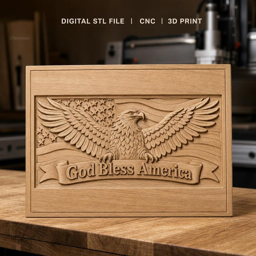 Fichier CNC & impression 3D Aigle américain, drapeau avec étoiles et texte God Bless America, haute qualité relief STL