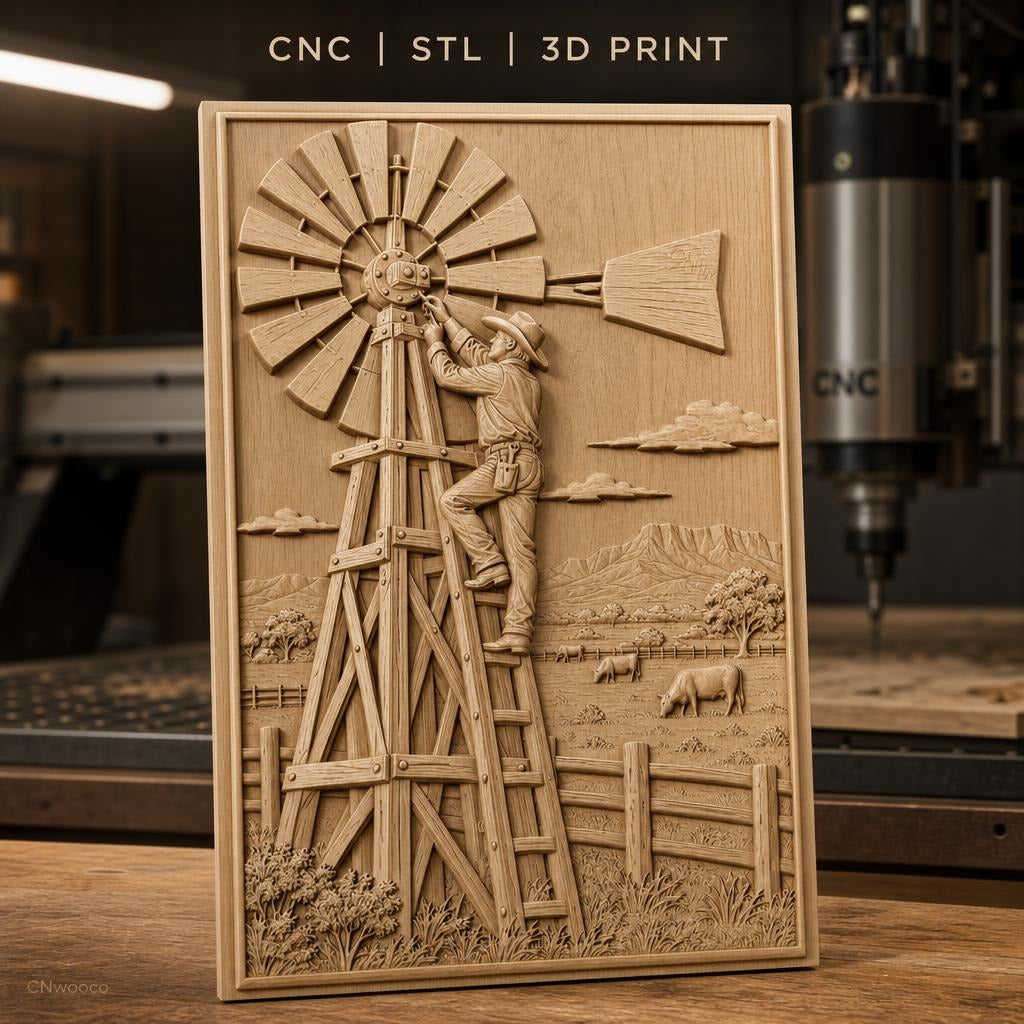 Fichier CNC & impression 3D ferme américaine, homme réparant une éolienne, paysage avec vaches, haute qualité relief STL
