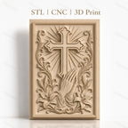 Fichier CNC & impression 3D religieuse, croix, mains en prière, lys, haute qualité relief STL