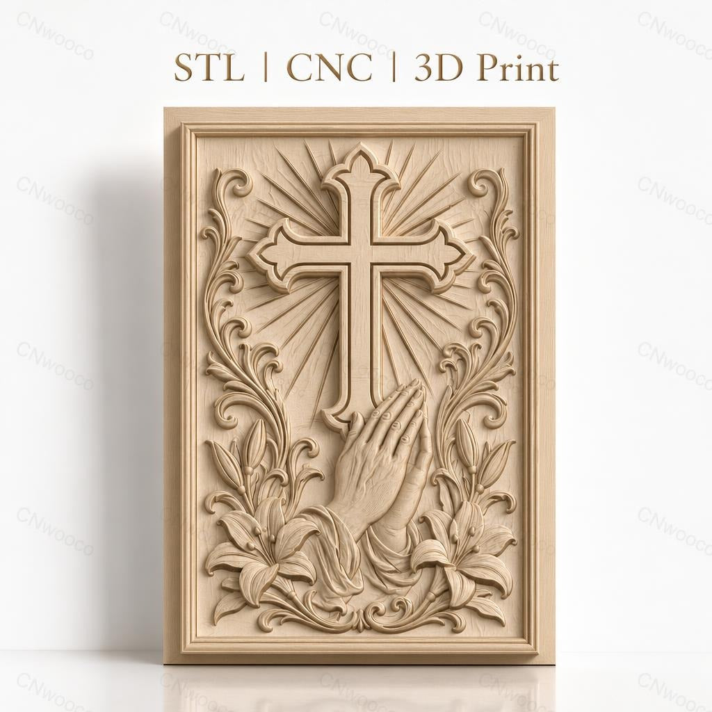 Fichier CNC & impression 3D religieuse, croix, mains en prière, lys, haute qualité relief STL