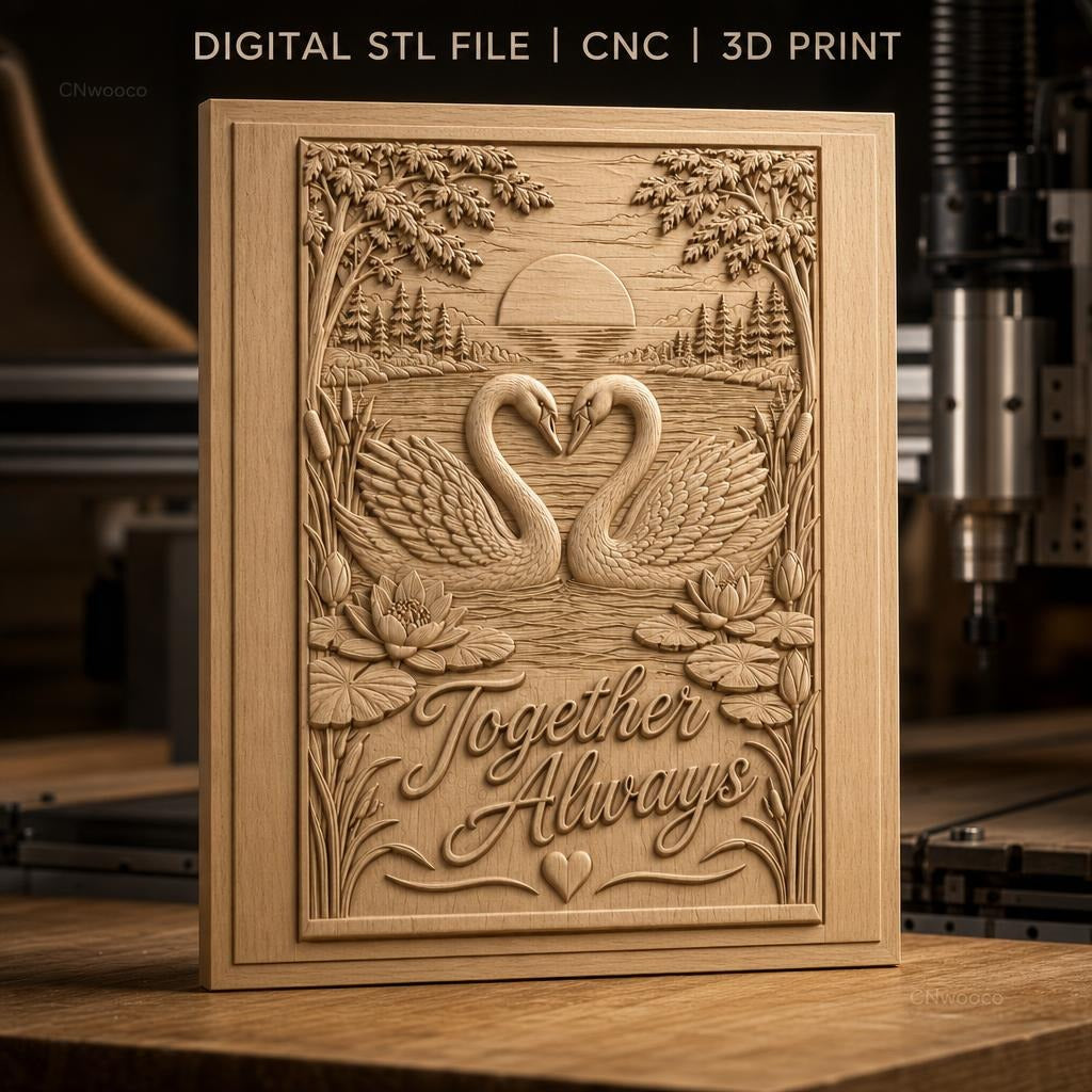 Fichier CNC & impression 3D cygnes en amour, lac, fleurs de nénuphar, texte Together Always, haute qualité relief STL
