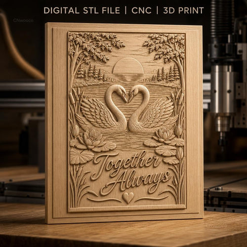 Fichier CNC & impression 3D cygnes en amour, lac, fleurs de nénuphar, texte Together Always, haute qualité relief STL