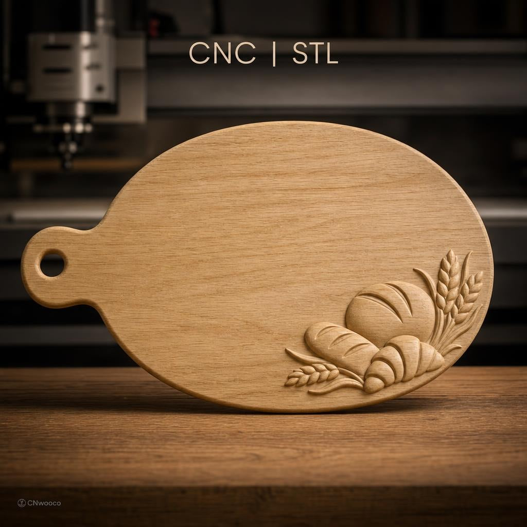 Fichier CNC planche à pain avec motif pain et blé, bas-relief pour sculpture sur bois, STL